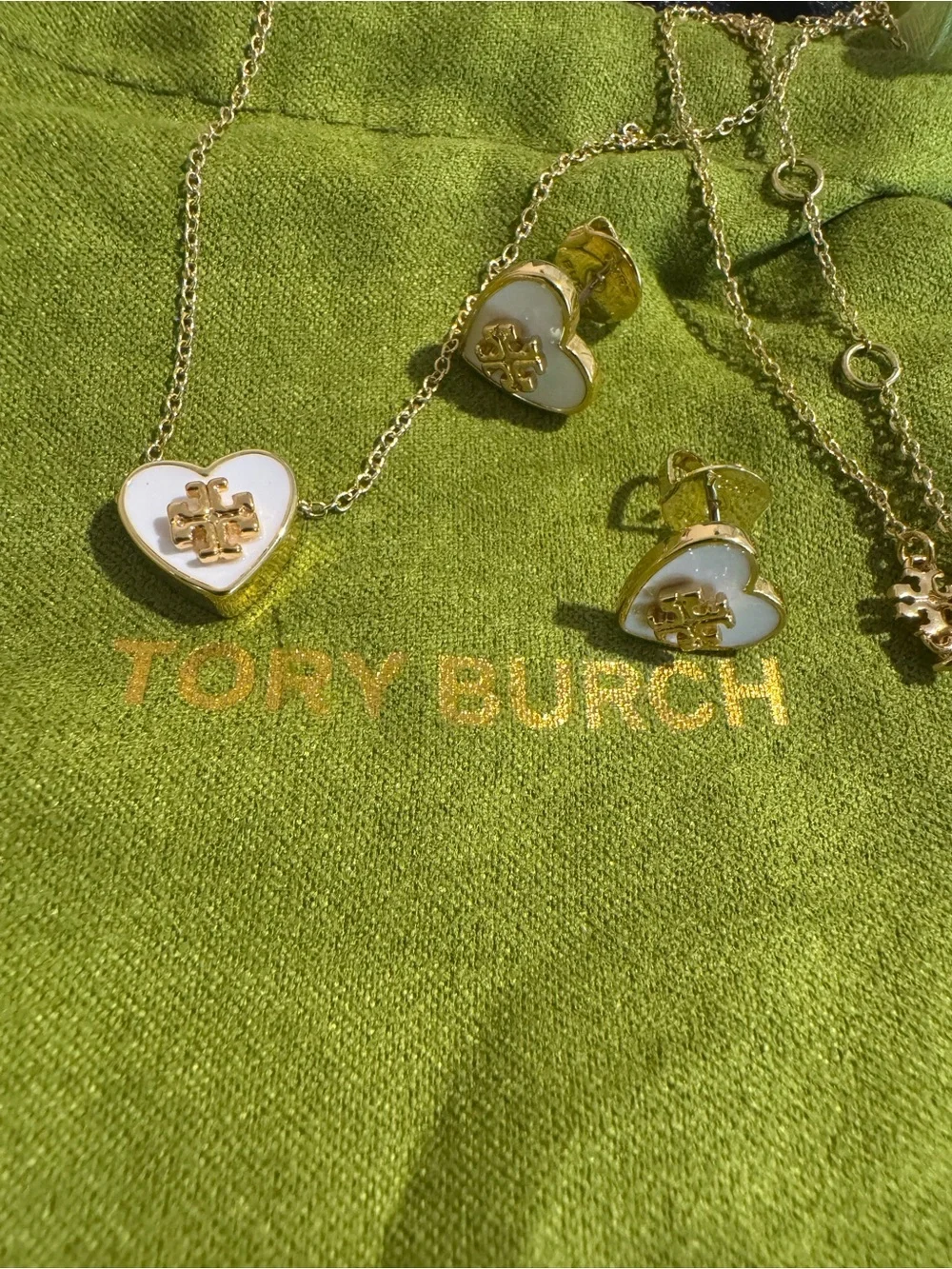 Tory Burch Gold and White Heart Logo Necklace with Matching Studs